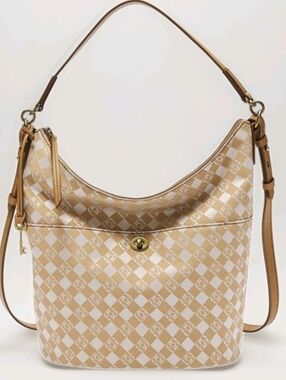 Fossil Talulla Hobo Bag Crossbody Shoulder Tan Logo Leather/Textile Key Charm